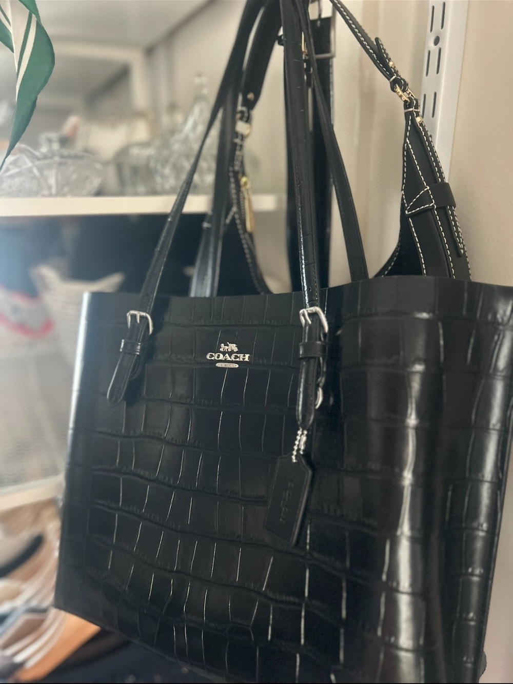 COACH Mollie Tote Bag- Black Croc-Embossed Leather